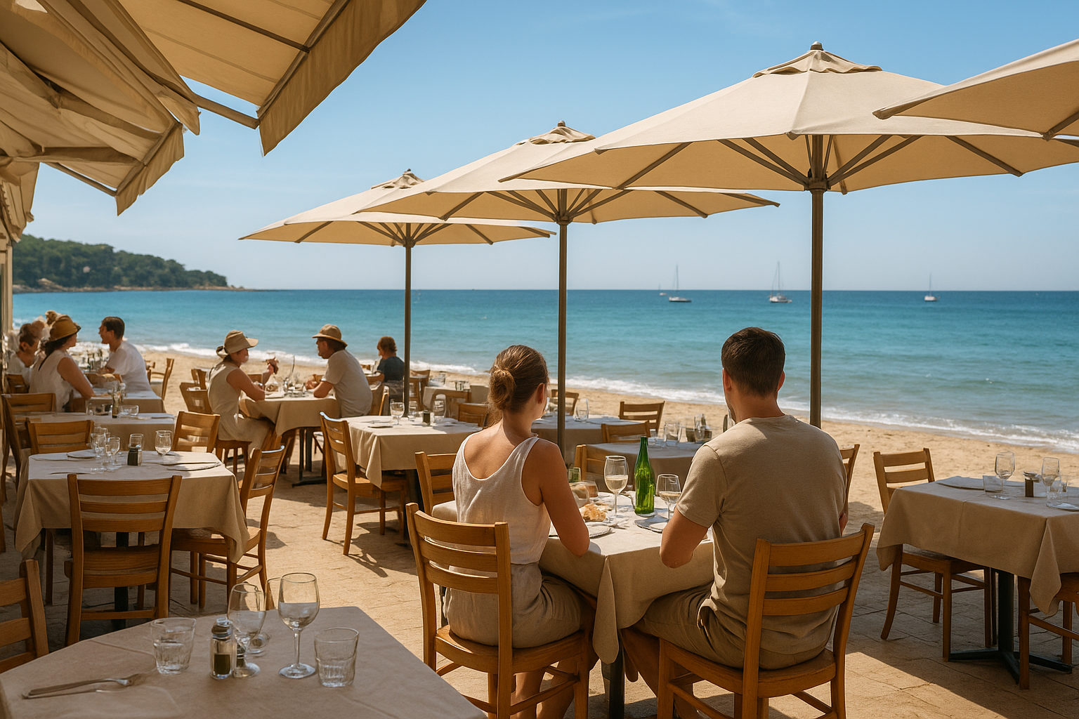 Photo d’un restaurant saisonnier en bord de plage en France avec ambiance estivale et clientèle touristique