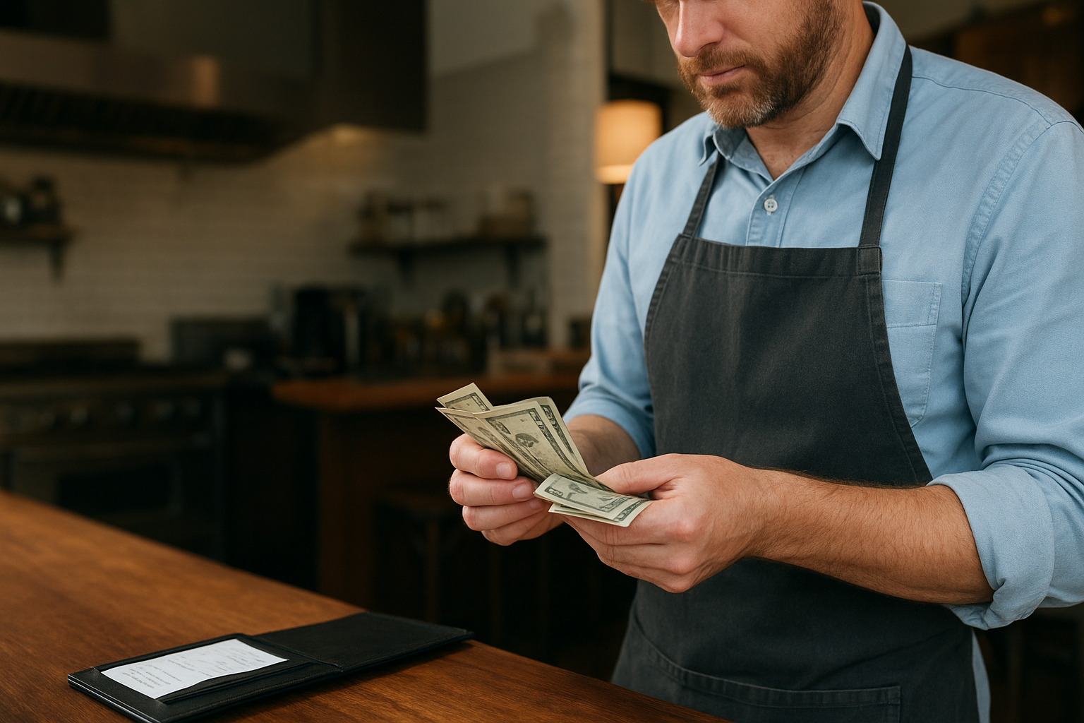 restaurant owner counting revenue reflecting salaire restaurateur